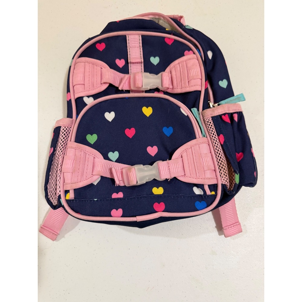 Pottery Barn Kids Navy Blue Multi Heart Print Mini Backpack Pink Trim Buckles